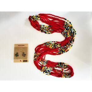 Red Multicolor Seed Bead Necklace & Crushed Turquoise Mini Cross Stud Earrings